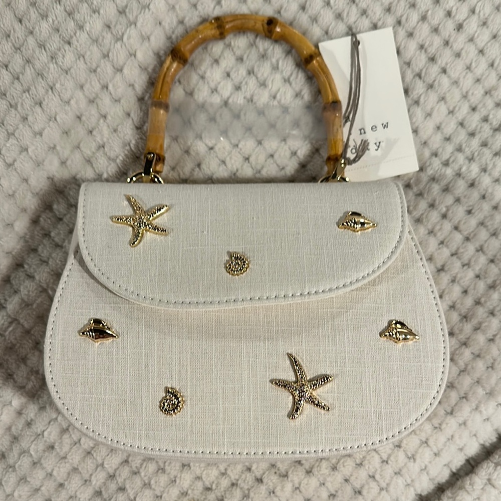 A New Day White and Gold Mini Bag with Bamboo Handle